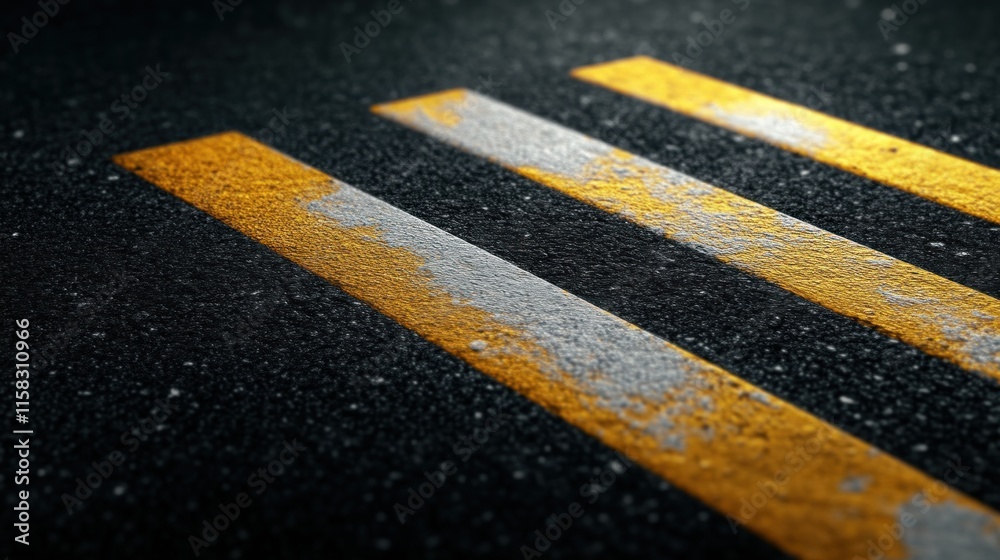 Fototapeta premium Urban street scene close-up of road markings city detailed photography dark atmosphere ground-level perspective