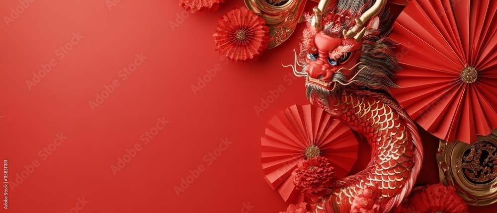 Fototapeta premium Chinese New Year Theme, A red dragon is surrounded by red paper fans