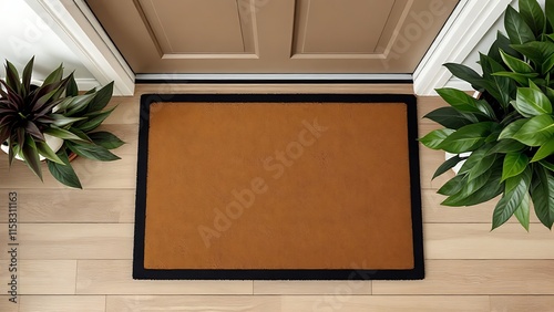 Blank brown door mat on the floor at home. Welcome mat with copy space for your text. Doormat mock up. Carpet at entrance for wiping dirty shoes. Mockup.