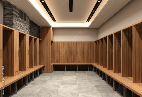 Locker room interior with natural materials and metal accents