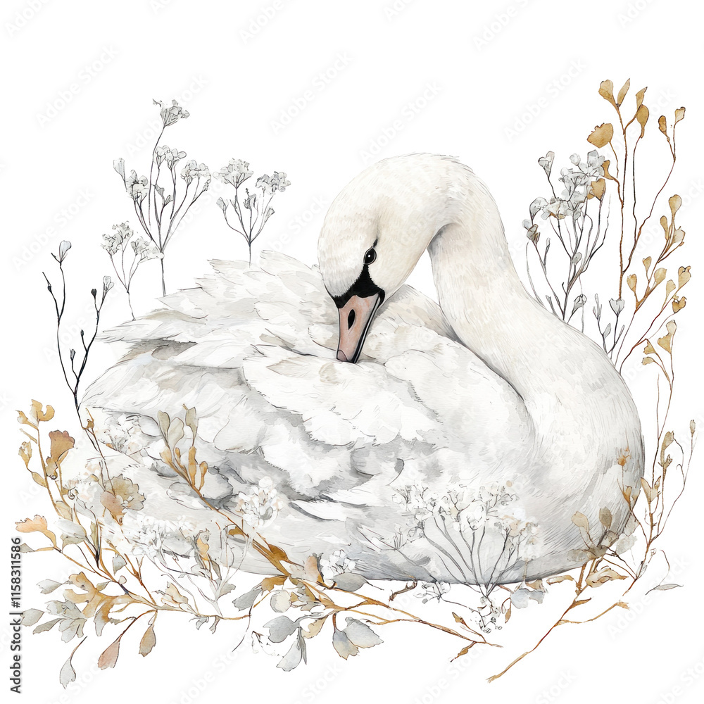 Obraz premium Beautiful Illustration of a Tundra Swan Nestled Among Delicate Flora in a Serene Nature Scene