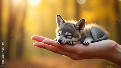 miniature baby wolf resting peacefully on a hand