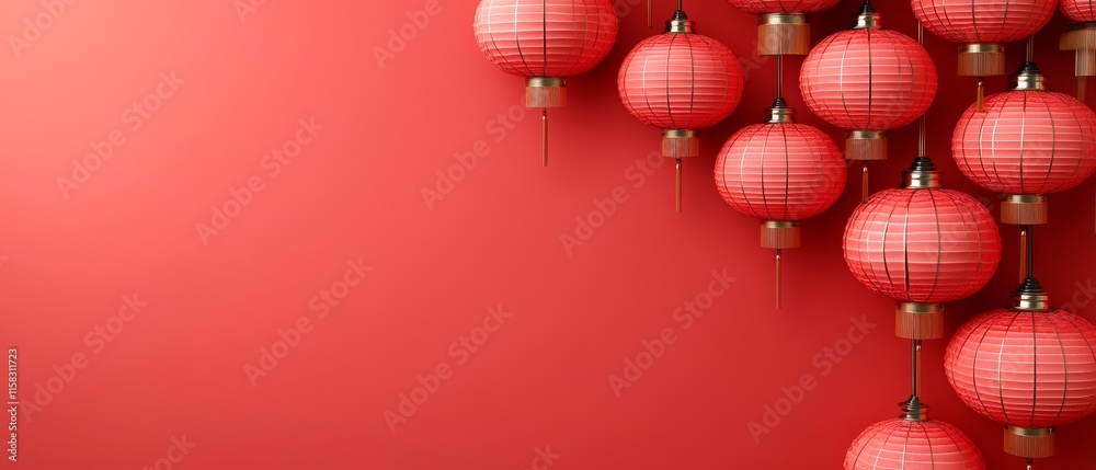 Chinese New Year Theme, A red background with many red lanterns hanging from the ceiling Chinese New Year Theme, A red background with many red lanterns hanging from the ceiling