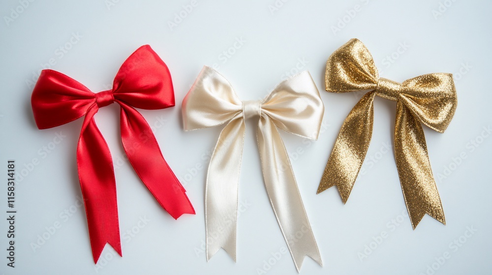Three decorative bows in red, white, and gold arranged on a surface. Three decorative bows in red, white, and gold arranged on a surface.