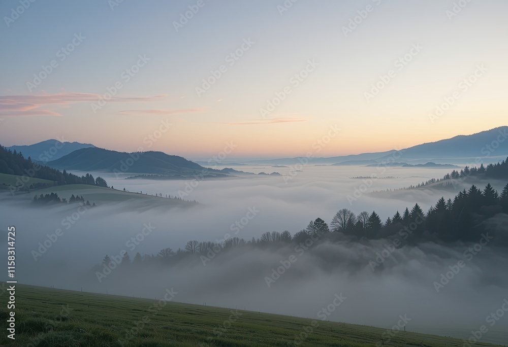 Sunrise over misty mountains with a view of the valley and forest at dawn Sunrise over misty mountains with a view of the valley and forest at dawn