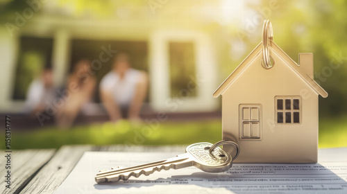 key with house shaped keychain rests on mortgage documents, symbolizing home ownership and new beginnings. background features family enjoying their new home