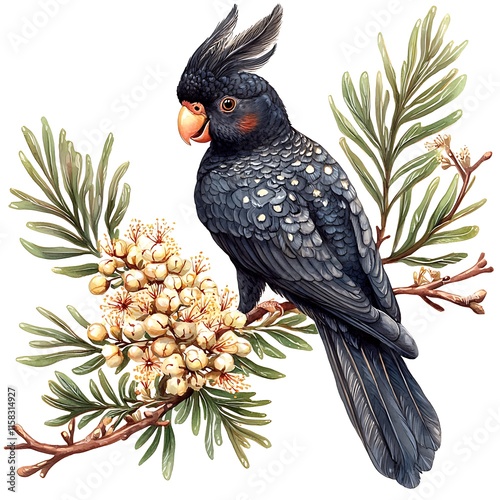 Fototapeta Naklejka Na Ścianę i Meble -  A Black Cockatoo perched on a flowering branch, a detailed watercolor illustration.