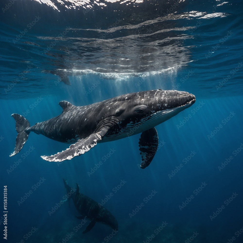 Fototapeta premium A baby whale calf swimming beside its mother.