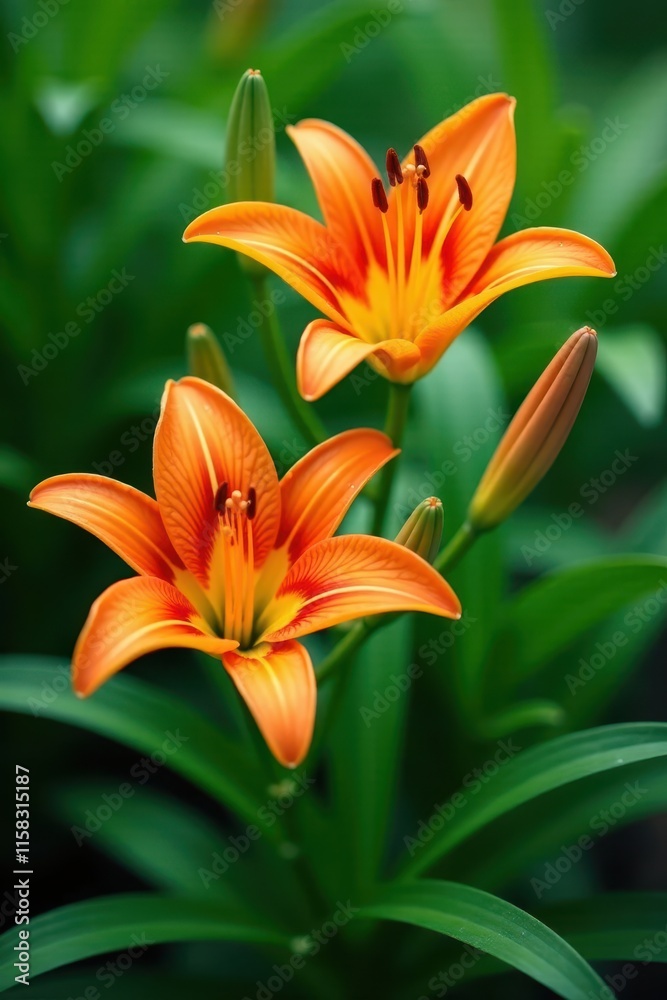 Vibrant orange lily blooms amidst lush green foliage , flowers, orange, green Vibrant orange lily blooms amidst lush green foliage , flowers, orange, green