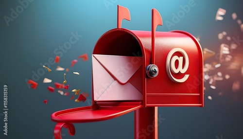A vibrant red mailbox with an envelope and email symbol, surrounded by colorful confetti, representing communication and digital messaging.