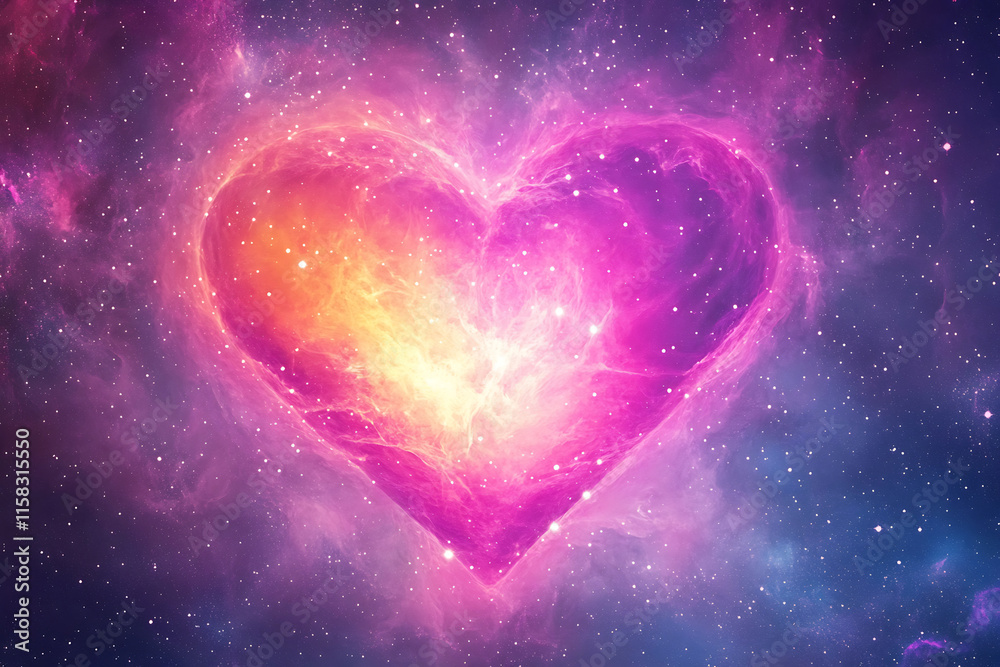 A cosmic scene featuring a heart-shaped nebula glowing in shades of pink and purple, set against a starry galaxy background, evoking a sense of universal love A cosmic scene featuring a heart-shaped nebula glowing in shades of pink and purple, set against a starry galaxy background, evoking a sense of universal love