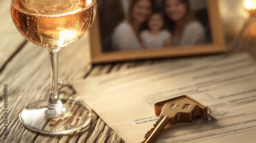 Fototapeta premium house shaped keychain rests on home loan documents beside glass of sparkling wine, symbolizing new beginnings and homeownership