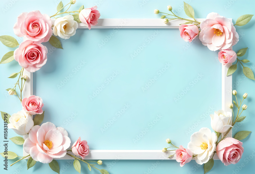 White photo frame made of pink and beige roses, green leaves, branches on white background, flat lay, top view, Valentine's day background. White photo frame made of pink and beige roses, green leaves, branches on white background, flat lay, top view, Valentine's day background.