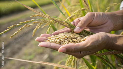 Harvesting rice grains with hands, showcasing agriculture importance and connection to nature