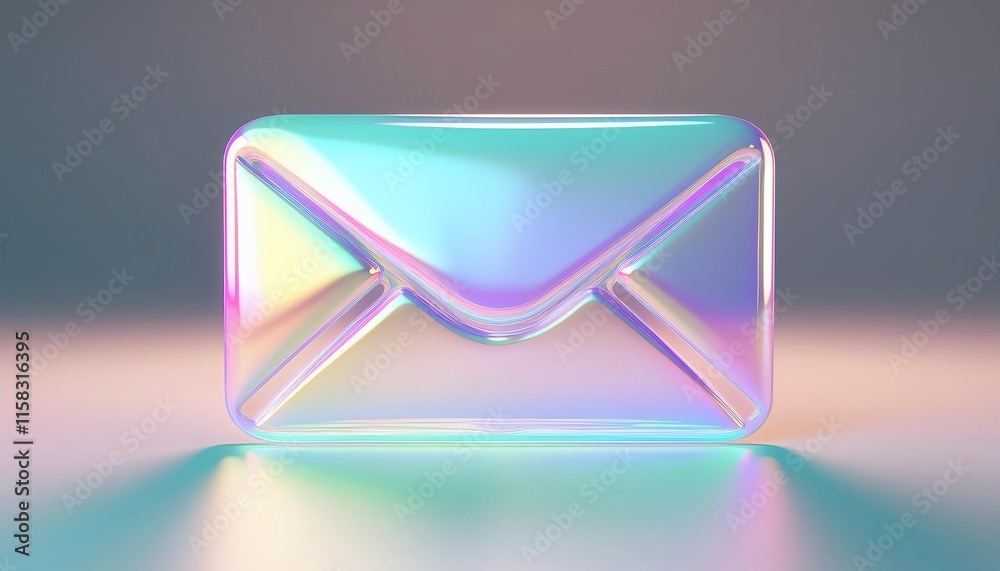 A translucent, iridescent envelope sits on a reflective surface, showcasing a modern and artistic design with shimmering colors. A translucent, iridescent envelope sits on a reflective surface, showcasing a modern and artistic design with shimmering colors.