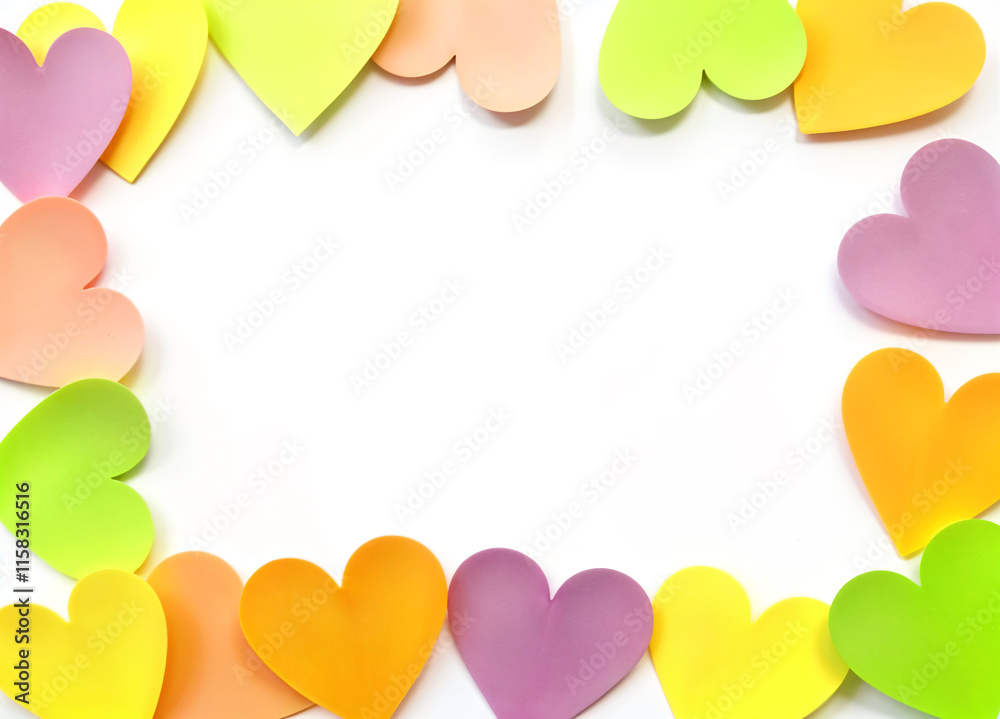 Pink, orange, yellow, green heart shaped paper isolated on white background. Love and Valentine's Day concept. Pink, orange, yellow, green heart shaped paper isolated on white background. Love and Valentine's Day concept.