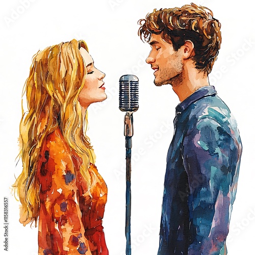 Watercolor Painting of a Young Couple Singing into a Vintage Microphone.