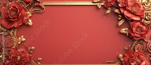 Chinese New Year Theme, A red background with gold flowers and a gold frame