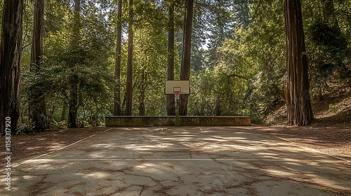 Open-air basketball court surrounded by tall trees with a ball near the hoop photo