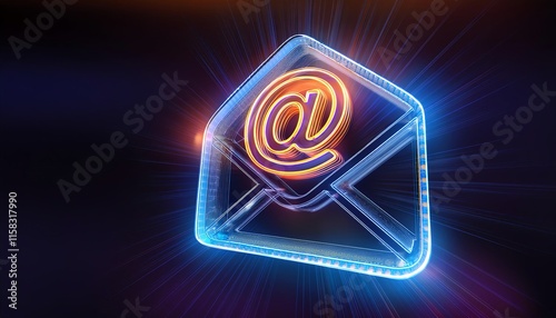 A glowing envelope icon featuring the "@" symbol, representing email communication in a vibrant, digital style.