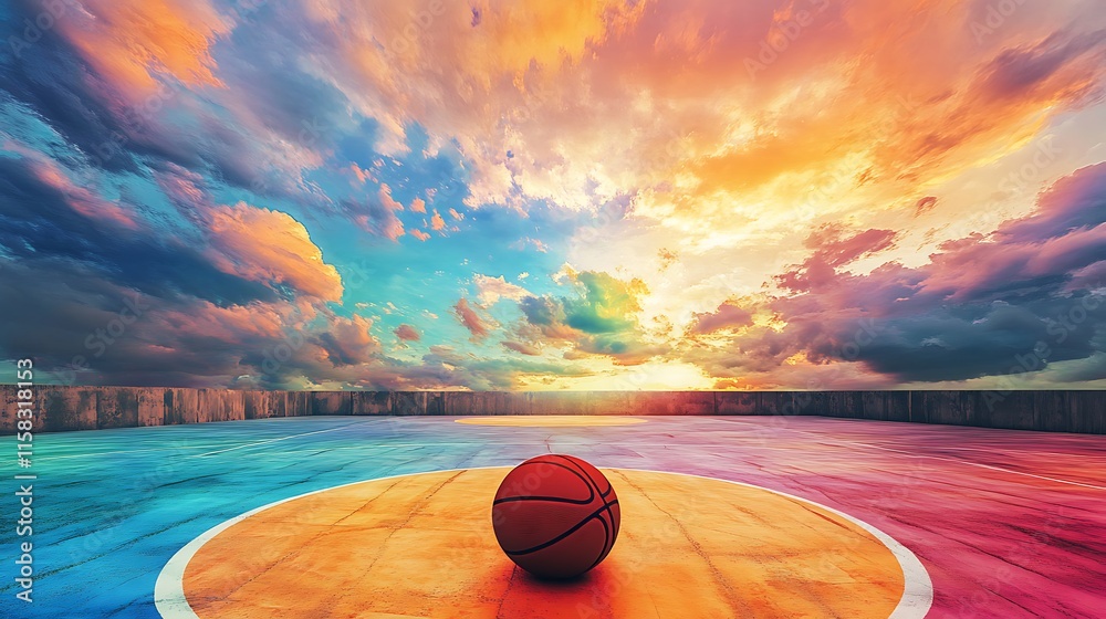 Abstract outdoor court design with a basketball at the center under a colorful sky