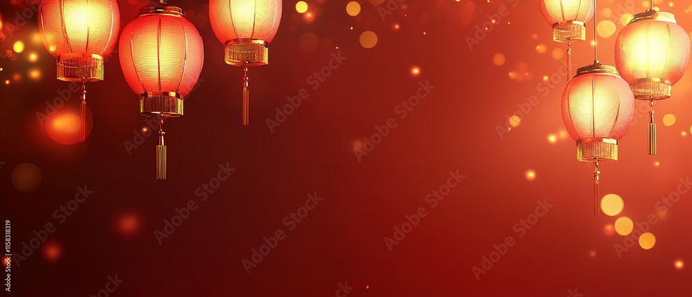 Chinese New Year Theme, A red background with many red lanterns hanging from the ceiling Chinese New Year Theme, A red background with many red lanterns hanging from the ceiling