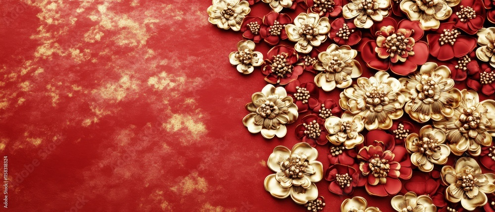 Chinese New Year Theme, A red background with gold flowers in the foreground Chinese New Year Theme, A red background with gold flowers in the foreground