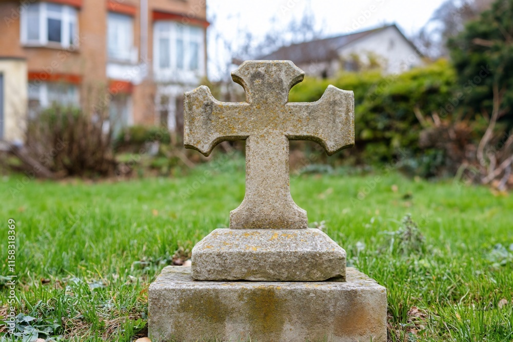 A weathered stone cross grave marker in a grassy area. A weathered stone cross grave marker in a grassy area.