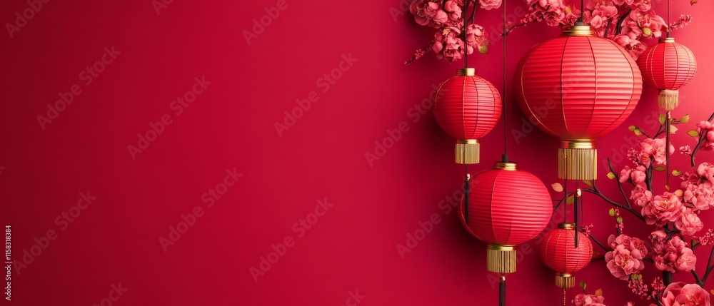 Chinese New Year Theme, A red background with a bunch of red lanterns hanging from the ceiling Chinese New Year Theme, A red background with a bunch of red lanterns hanging from the ceiling