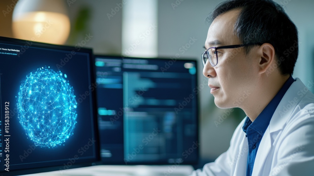 Scientist Analyzing Data on Dual Monitors with Digital Network Visualization in Modern Research Lab Environment Scientist Analyzing Data on Dual Monitors with Digital Network Visualization in Modern Research Lab Environment
