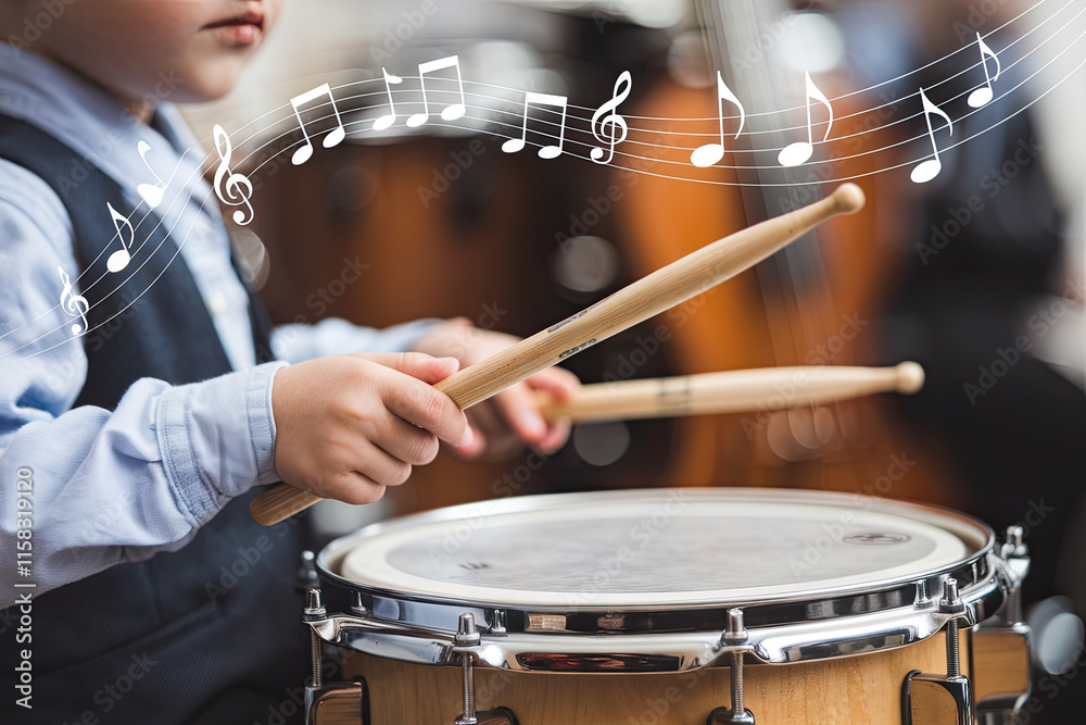 A boy playing a drum, with music notes dancing in the air A boy playing a drum, with music notes dancing in the air