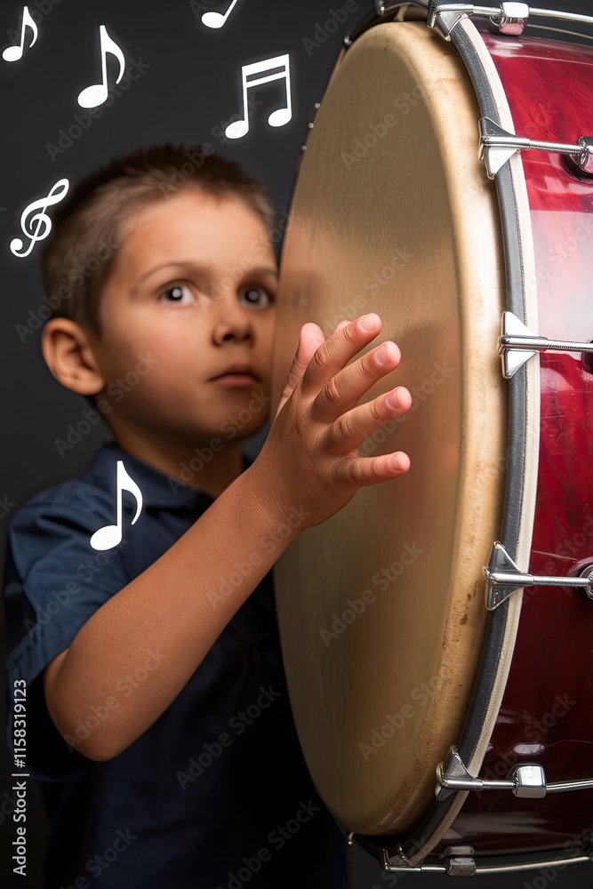 Fototapeta premium A boy playing a drum, with music notes dancing in the air