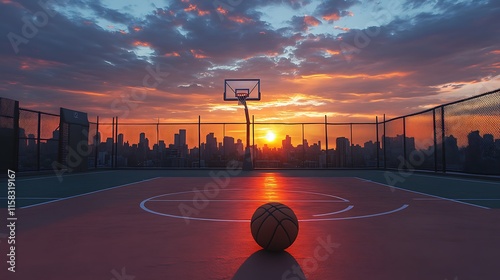 Sunset rooftop basketball court with a basketball resting near the sideline