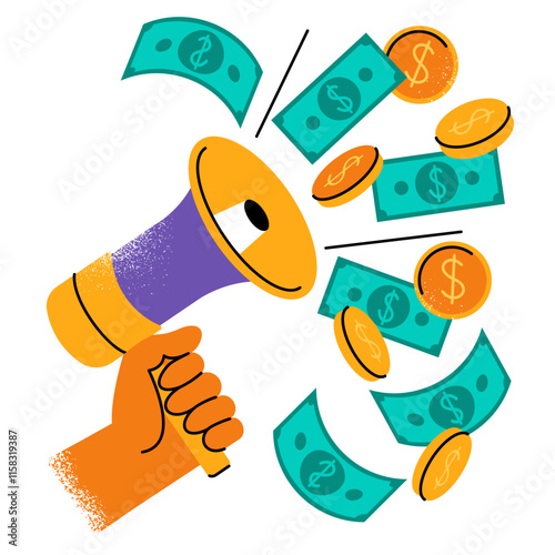 hand holds a megaphone, money flying in the air isolated on a white background. the concept of a business ad, the promise of good earnings. flat drawing with texture. EPS 10.