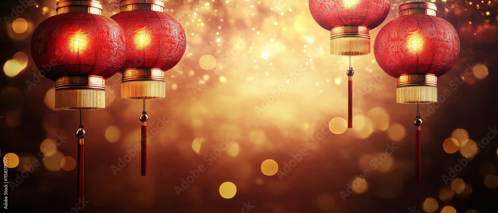 Chinese New Year Theme, A red lantern with a gold trim hangs from the ceiling Chinese New Year Theme, A red lantern with a gold trim hangs from the ceiling