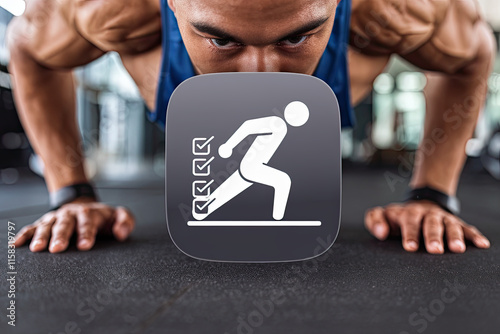 A fitness app icon coming to life, holding a checklist of completed goals photo