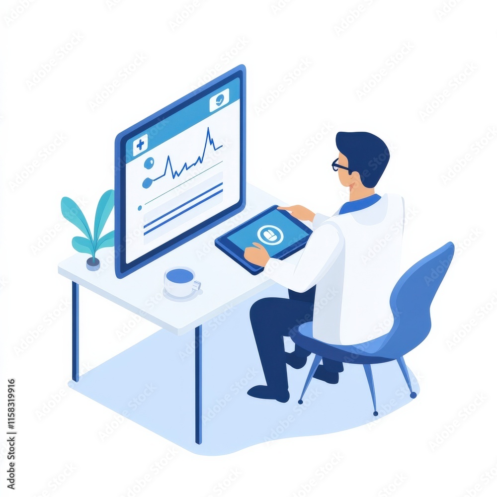 Fototapeta premium Doctor Using Digital Tablet for Patient Health Monitoring in a Modern Medical Office Setting with Graphs and Data Displayed on a Large Screen