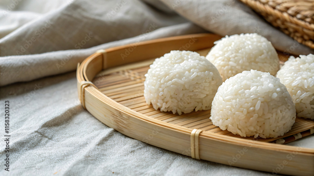 Freshly made rice balls arranged on bamboo tray, showcasing their texture and simplicity. Perfect for cozy meal or snack Freshly made rice balls arranged on bamboo tray, showcasing their texture and simplicity. Perfect for cozy meal or snack