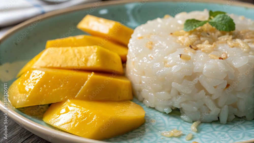 Delicious sticky rice served with ripe mango slices, garnished with mint Delicious sticky rice served with ripe mango slices, garnished with mint