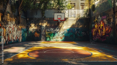 Urban basketball court with graffiti walls and a basketball near the center circle