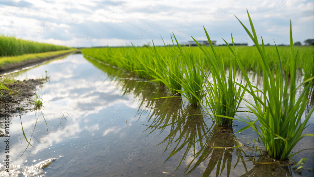 Lush green rice plants grow in flooded fields under bright sky Lush green rice plants grow in flooded fields under bright sky