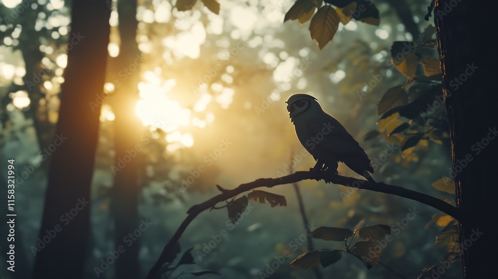 Obraz premium Silhouetted owl perched on a branch in a misty forest at sunrise.