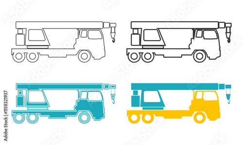 Set of heavy building machines. Mobile auto crane icons