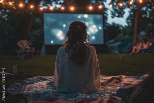 Gen Z girl at an outdoor film screening, lounging on blankets with friends, casual chic outfit, string lights and projector backdrop, relaxed and nostalgic movie night vibe photo