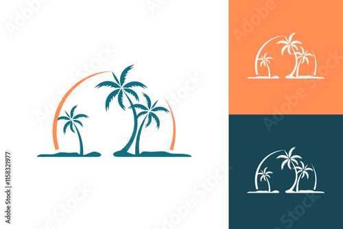 Palm tree beach sun logo vector landscape sunset tropical design