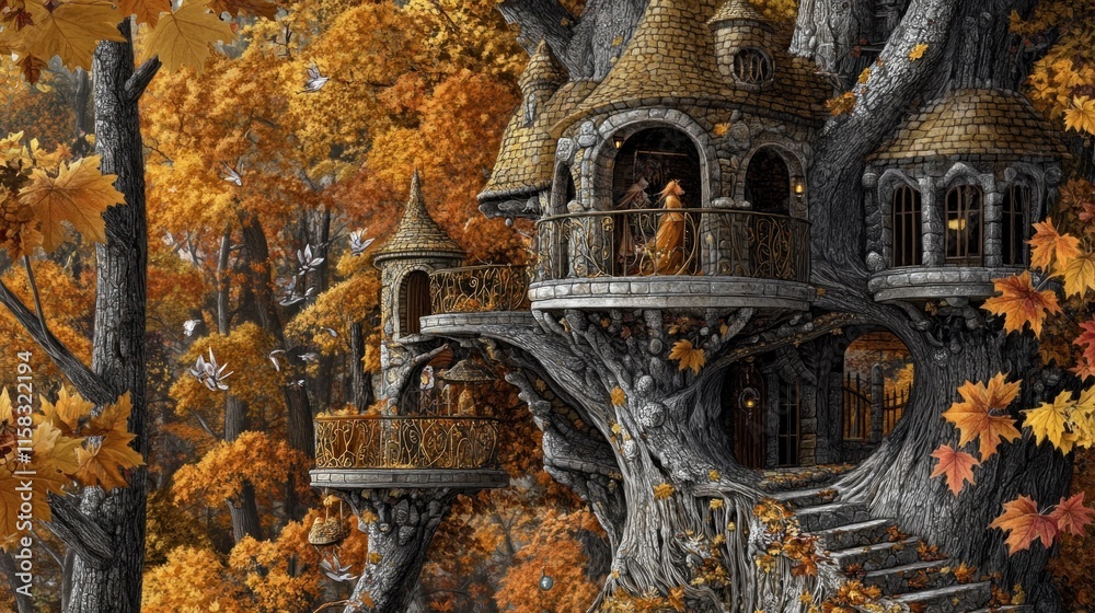 Obraz premium Autumnal treetop castle with couple on balcony.