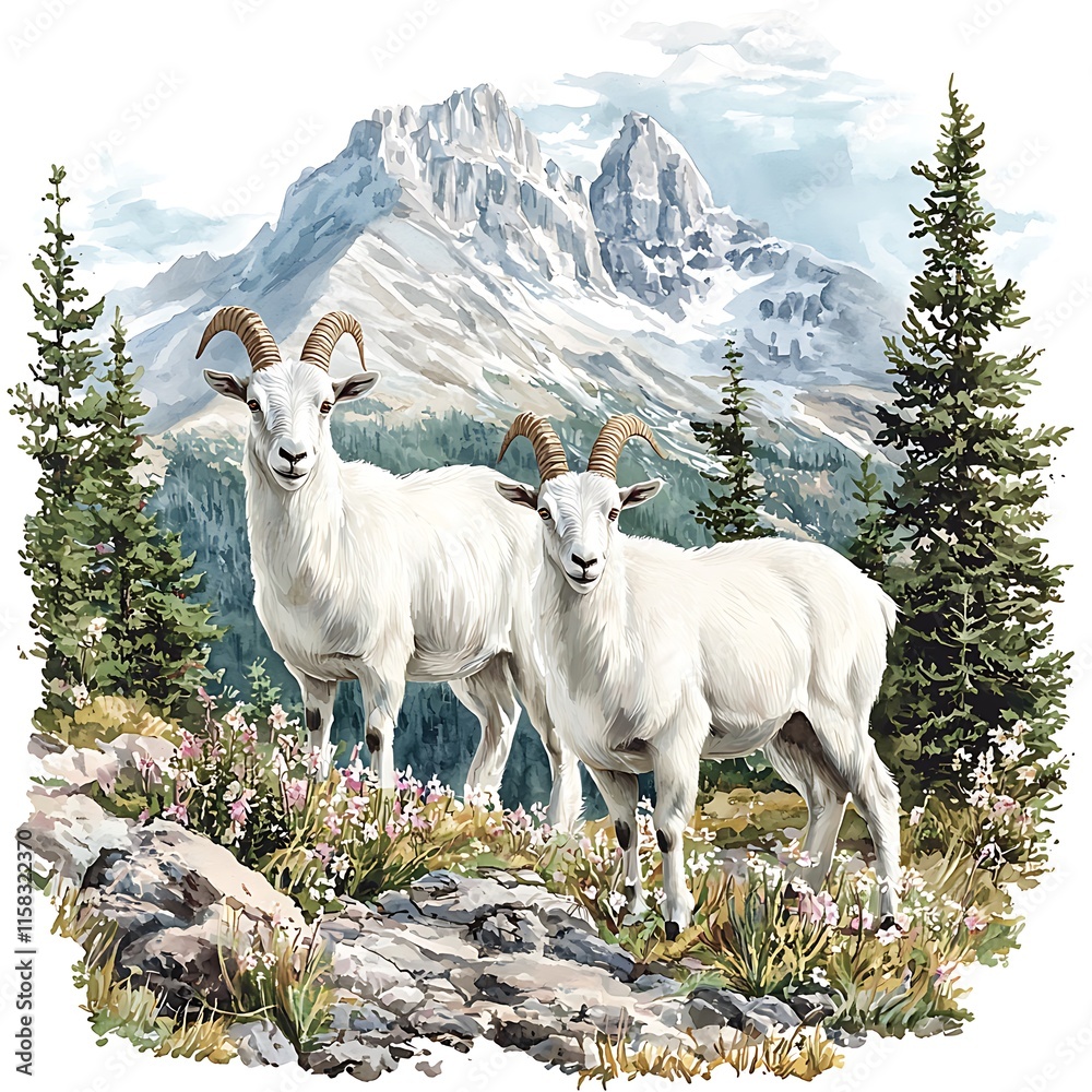Two majestic mountain goats gracefully stand on a rocky outcrop, overlooking a breathtaking alpine landscape. Two majestic mountain goats gracefully stand on a rocky outcrop, overlooking a breathtaking alpine landscape.