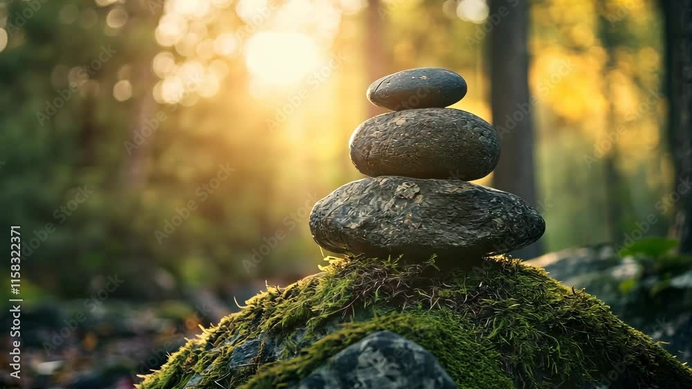 Serene Sunset: Balanced Stones in a Forest Serene Sunset: Balanced Stones in a Forest