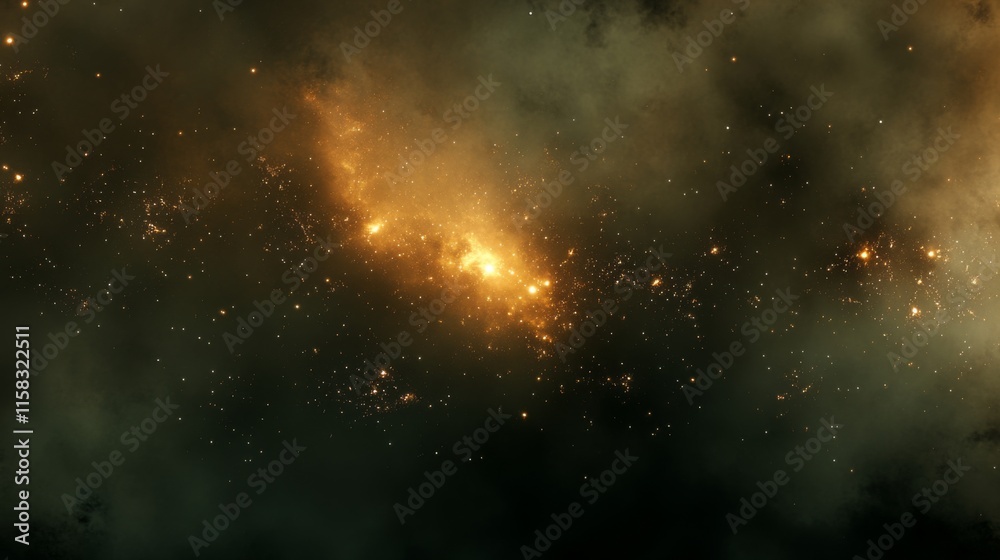 Naklejka premium Abstract Cosmic Swirl with Glowing Golden and Green Energy Vortex