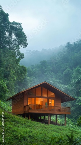 Tranquil wooden cabin nestled in lush green rainforest surrounded by misty mountains, showcasing natural beauty and serene retreat atmosphere, perfect for nature lovers.